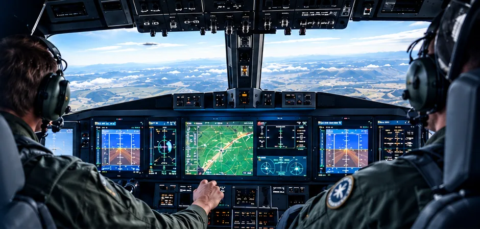 Two pilots in a military aircraft cockpit with glass displays