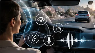 Driver surrounded by multimodal interface icons