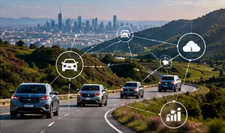 Connected vehicles on a highway with data overlays