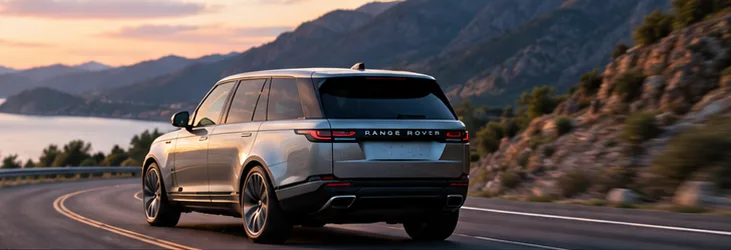 Range Rover on a winding coastal road at sunset