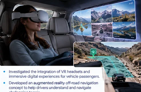 Passenger wearing a VR headset, and an AR off-road navigation concept