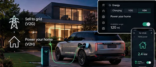 Range Rover charging at home with Vehicle-to-Grid and Vehicle-to-Home screens
