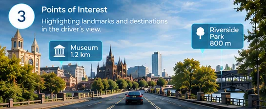 Labels highlighting a museum and a park in the driver's view