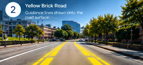 Yellow guidance lines painted onto the road ahead