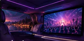 Cabin with a large screen showing a concert