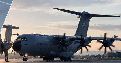 Airbus A400M aircraft on a runway at dusk