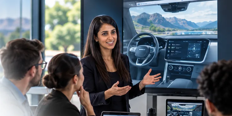 A presenter walking colleagues through a vehicle interior design