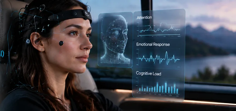 Driver wearing an EEG headset with attention, emotional response and cognitive load readouts