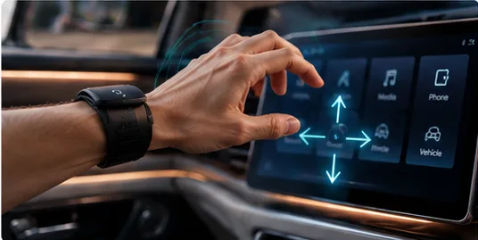 Wrist-worn wearable controlling a centre screen with directional gestures
