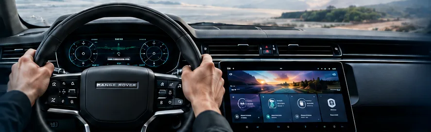 Driver's view of a Range Rover steering wheel, instrument cluster and centre screen