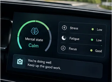 In-car screen showing mental state calm, with stress low, fatigue low and focus good