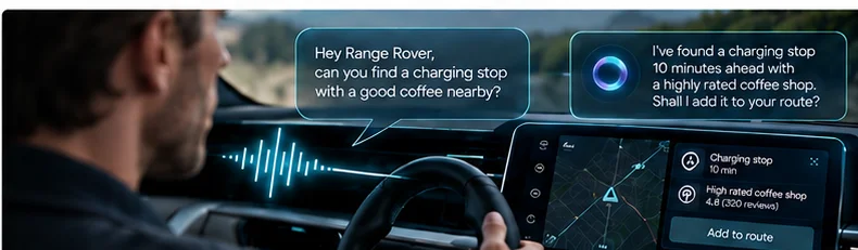 Driver asking a voice assistant to find a charging stop with good coffee